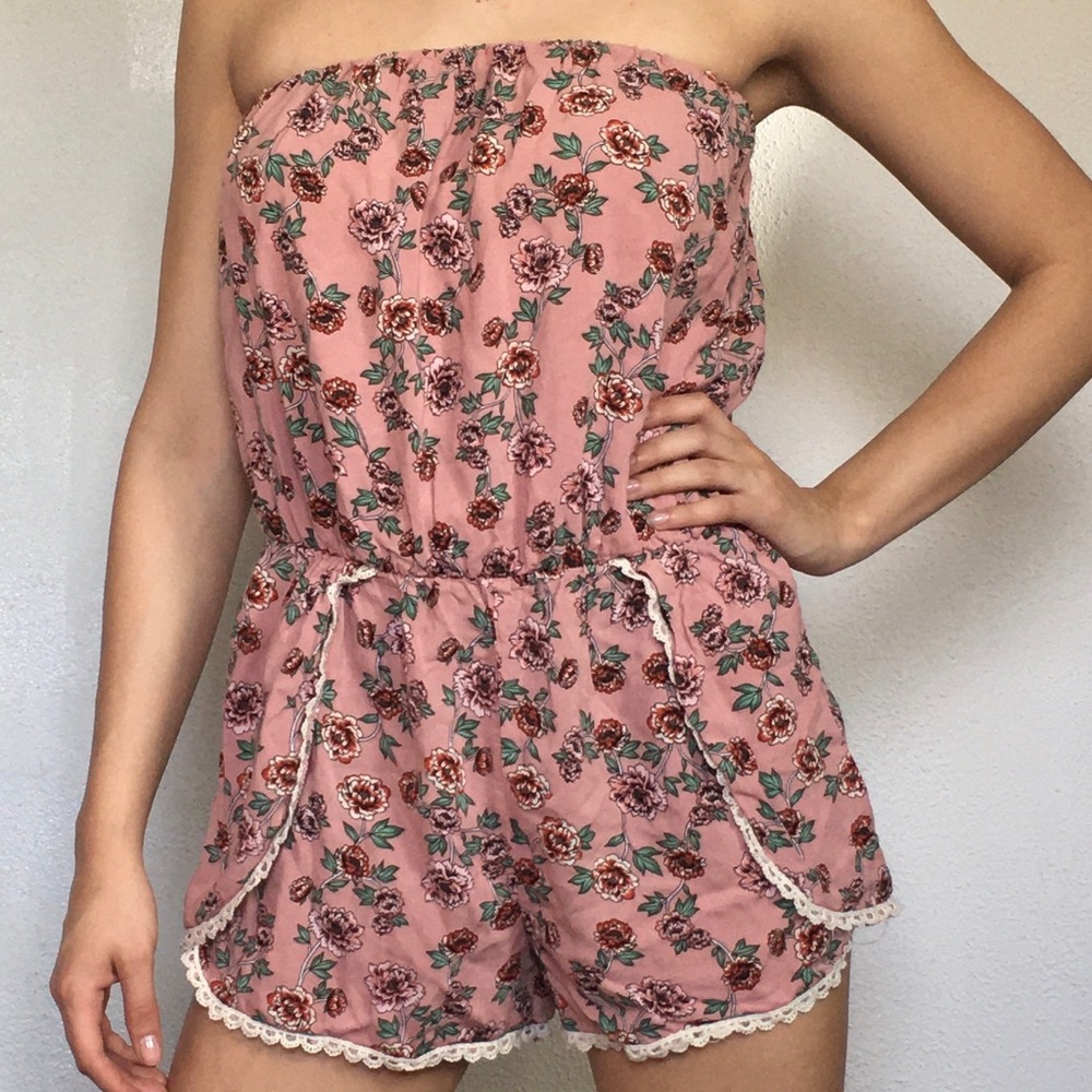 rose pink floral strapless romper